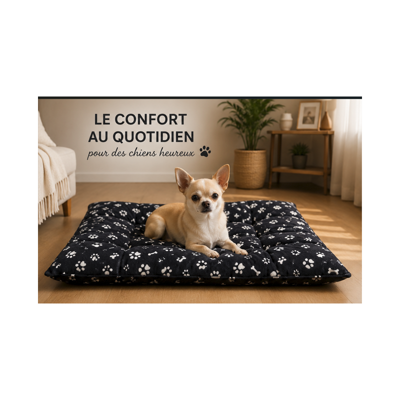 chien chihuahua sur un tapis noir douillet