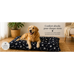 Chien golden sur un tapis en tissu douillet avec des impressions de pattes et d'os