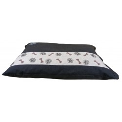 Coussin pour chien noir et écru – Motifs pattes et os bronze