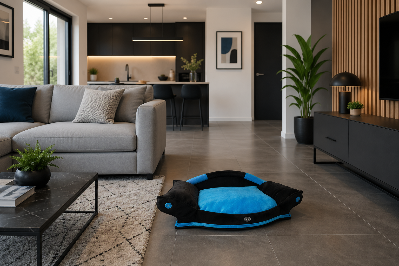 canapé pour chien turquoise et marron foncé