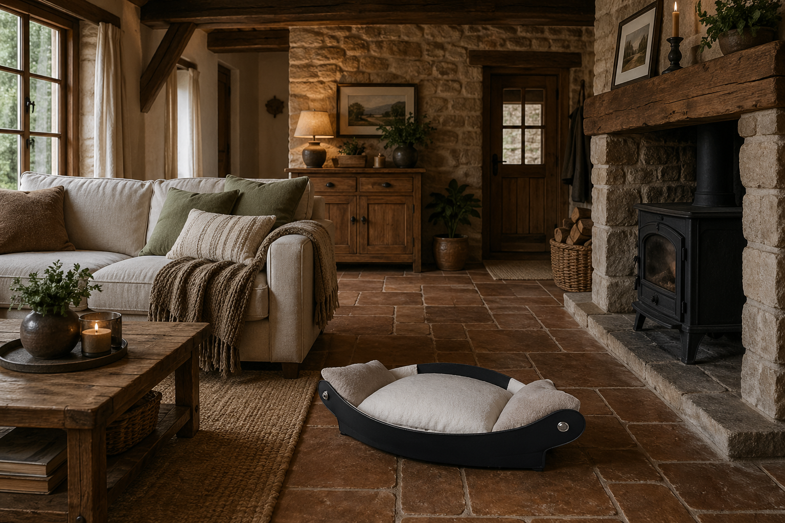 panier en forme de canapé pour chien écru et marron clair