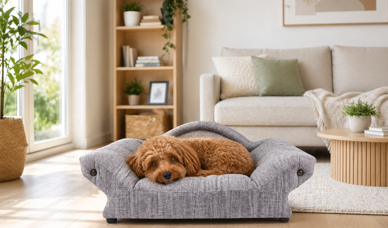 bichon dans un canape gris