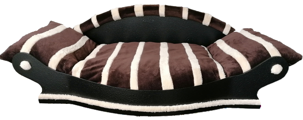 grand fauteuil pour chien coussin marron avec des bandes  écrus fait à la main en France
